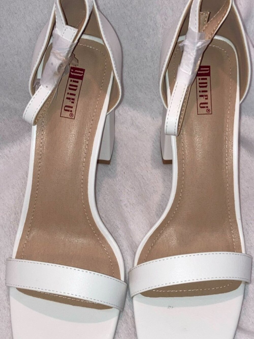 IDIFU White Block Heel Strappy Ankle Strap Sandals Square Toe PU